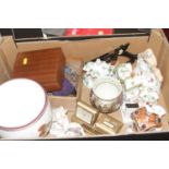 Two boxes of miscellaneous items, to include Staffordshire pastille burners and a Victorian glass