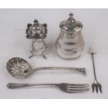 A George V silver pepper, of oval baluster shape, Birmingham 1923; together with a sifting spoon;