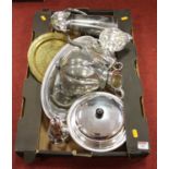 A box of silver plated items to include sugar caster, cream jugs, and card waiters