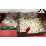 Three boxes of mixed glassware, to include a Regency cut glass water jug, coloured glassware etc