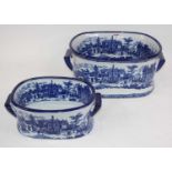A set of two graduated blue and white transfer decorated foot-baths, w.44cm