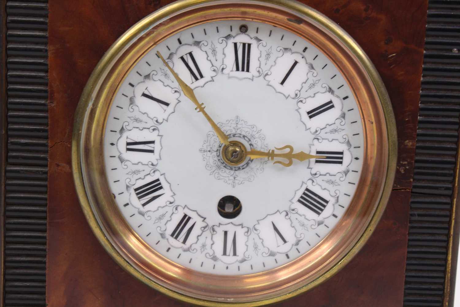 A Victorian ebonised mantel clock, the enamelled dial showing Roman numerals, h.26cm - Image 2 of 3