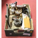 A collection of miscellaneous items to include a pair of vintage binoculars, silver plated coffee