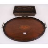 An Edwardian mahogany twin handled drinks tray, w.57cm; together with an oak cutlery tray (2)