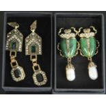 A pair of Art Deco style gilt metal and paste set scarab beetle earrings, 5cm; together with another