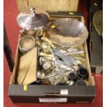 A box of silver plated items to include a pierced bonbon dish, trophy cups and flatware