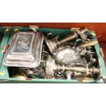 A box of silver plated items to include a pair of Sheffield plated candlesticks, each having a