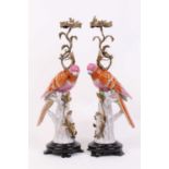 A pair of porcelain and gilt metal candlesticks, each in the form of a parrot perched upon a