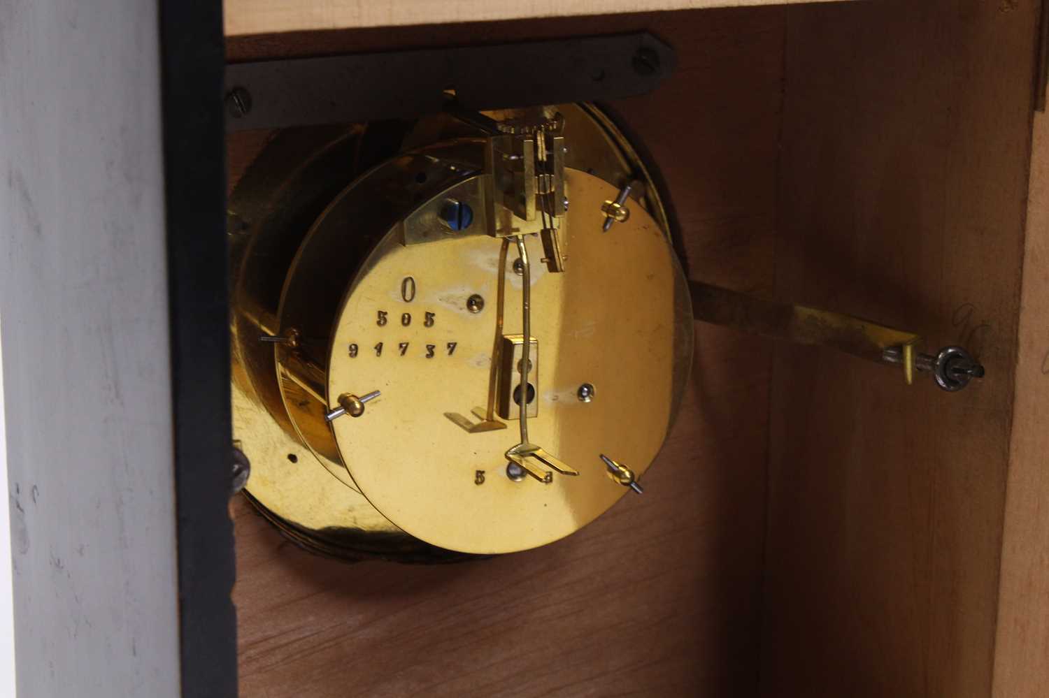 A Victorian ebonised mantel clock, the enamelled dial showing Roman numerals, h.26cm - Image 3 of 3