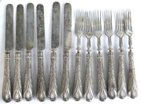 A set of Victorian silver dessert knives and forks, in the rare Newton pattern, comprising six