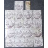 A set of seventeen Dutch Delft wall tiles, 17th or 18th century, each manganese decorated with an