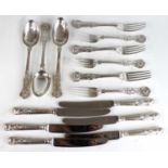 A set of six Victorian silver table forks in the Queens pattern, and three matching serving