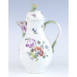 A Meissen porcelain coffee pot, circa 1750, of Neu Ozier form, having a flower finial and branch