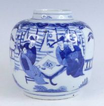 A Chinese blue and white jar, late Ming dynasty, decorated with figures playing a board game beneath