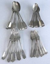 A harlequin suite of Victorian silver flatware, in the Fiddle pattern with engraved armorial