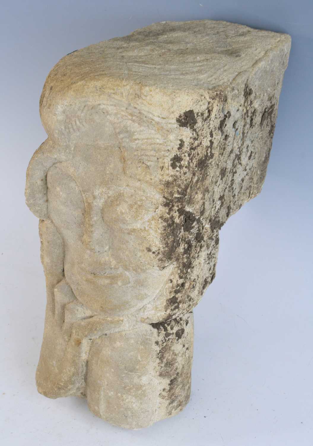 A sandstone corbel, carved as a serene face with chin resting upon a hand, Medieval style, 4.16, d. - Image 2 of 3
