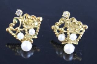 A pair of yellow metal, pearl and diamond earrings, each in the form of an openwork coronet and