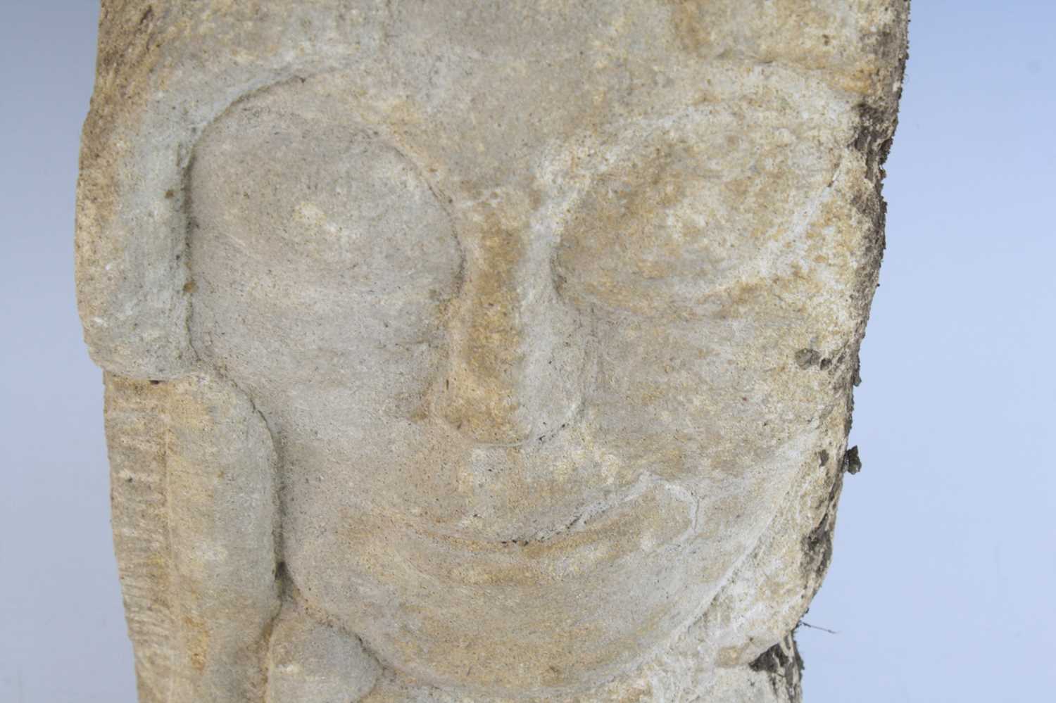 A sandstone corbel, carved as a serene face with chin resting upon a hand, Medieval style, 4.16, d. - Image 3 of 3