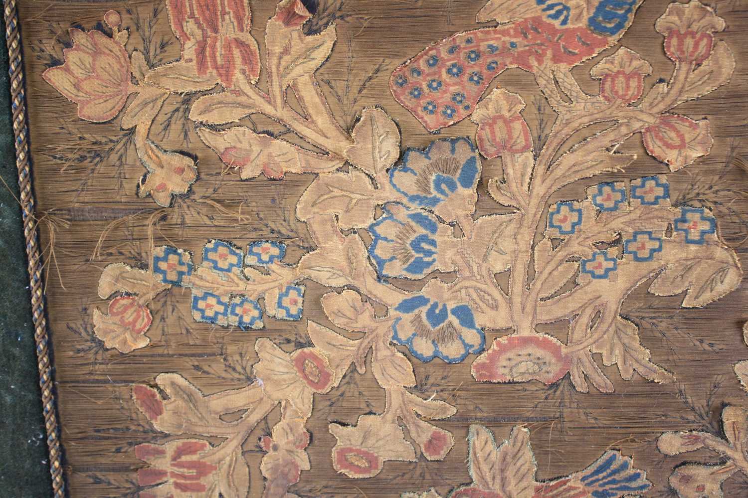 A 17th century silkwork appliqué panel, having tent-stitched silkwork birds upon flowering - Image 6 of 9