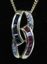 A modern 9ct gold, sapphire, ruby and diamond pendant, comprising six 2mm channel set calibre cut