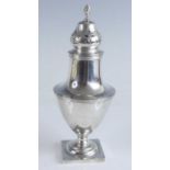 A George V silver sugar sifter, of plain pedestal baluster form to a square base, the removable