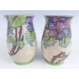 Charlotte Rhead for Crown Ducal - a pair of 1930s pottery vases, of slightly bulbous ribbed form,