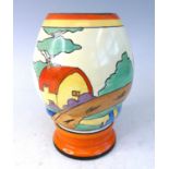 A 1930s Clarice Cliff Orange Roof Cottage pattern pottery vase, shape No.362, typically bright