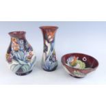 Three Moorcroft Red Tulip pattern pottery wares, to include; a vase of waisted form, h.20.6cm, a