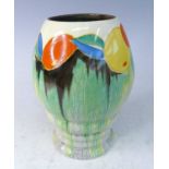 A 1930s Clarice Cliff Delicia Citrus pattern pottery vase, shape No.362, typically bright colour