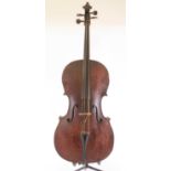 A 19th century cello, having a two piece maple back and spruce front with ebony fingerboard and