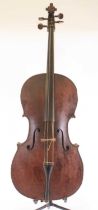 A 19th century cello, having a two piece maple back and spruce front with ebony fingerboard and