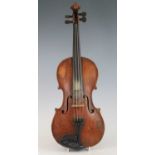 A Continental violin, having a one piece maple back and spruce table with ebony finger board and
