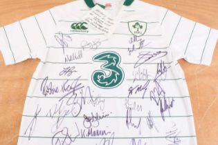 Rugby Union, a multi signed Ireland replica shirt, with Canterbury tags and hand written note