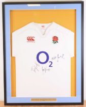Rugby Union, a replica 2016 season shirt signed by Nick, Ben and Tom Youngs, mounted for display, 72
