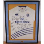 Rugby Union, a multi signed Leinster team shirt from the 2013-2014 season, mounted for display, 94 x