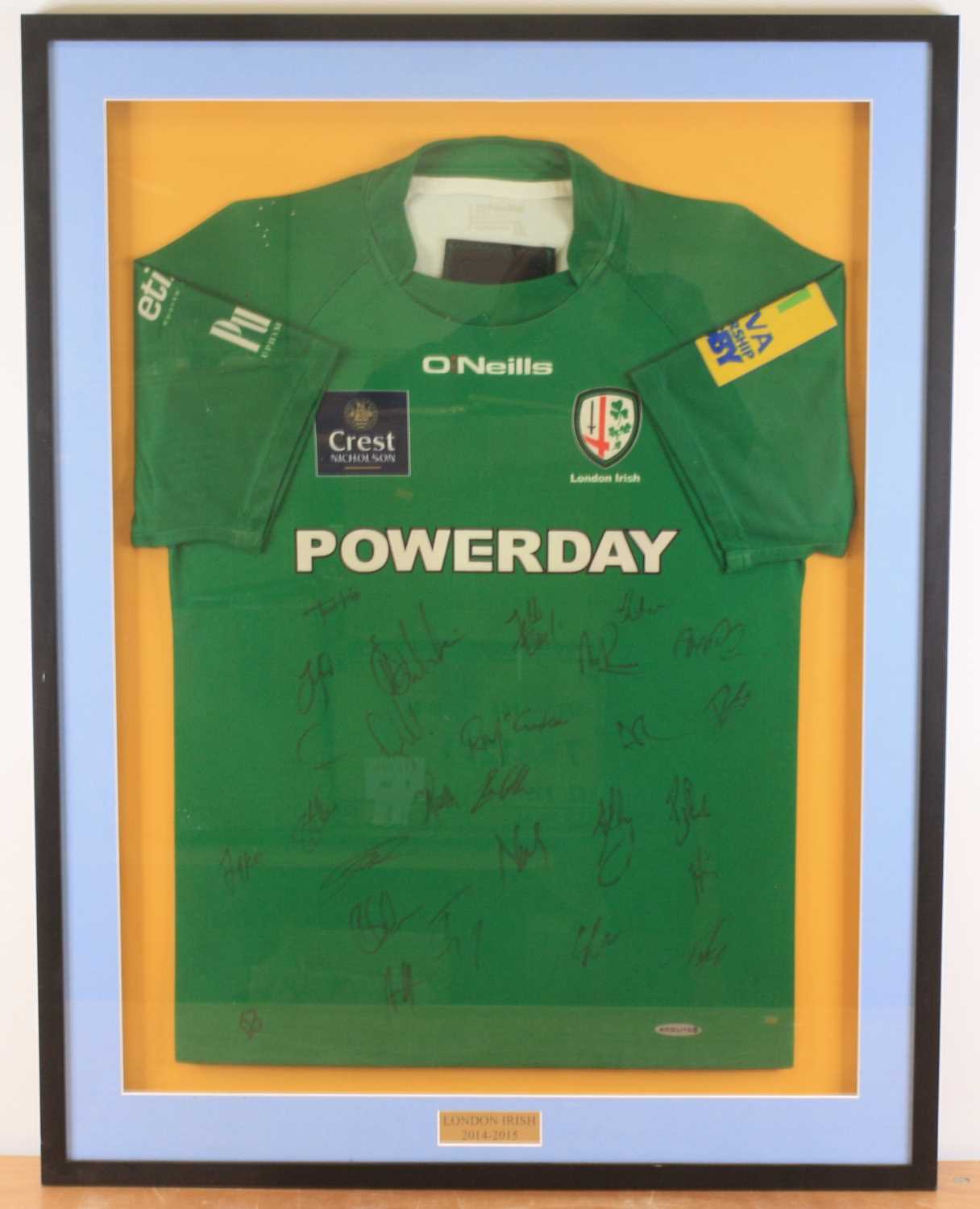Rugby Union, a multi signed London Irish team shirt from the 2014-2015 season, mounted for