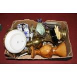 Miscellaneous items to include a turned olive wood vase and a Victorian brass oil lamp