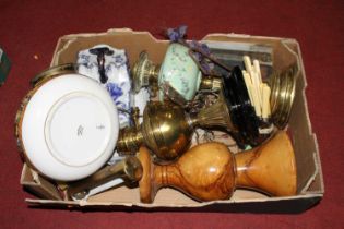 Miscellaneous items to include a turned olive wood vase and a Victorian brass oil lamp