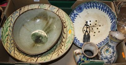 A collection of ceramics to include a tin glazed pottery drainer, and a slip glazed bowl