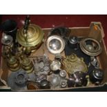 A collection of metal ware to include a brass spirit kettle, and a pewter inkwell