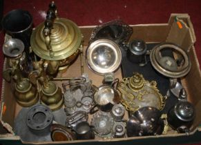 A collection of metal ware to include a brass spirit kettle, and a pewter inkwell