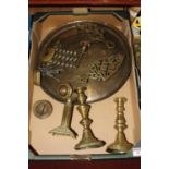 A collection of brassware, to include two Victorian brass table candlesticks and two pierced brass