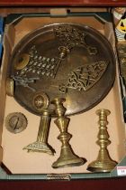 A collection of brassware, to include two Victorian brass table candlesticks and two pierced brass