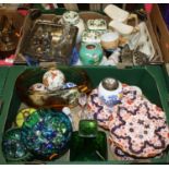 Two boxes of mixed glassware and ceramics to include a Spode Imari part dessert service, and Spode