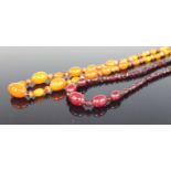 A cherry amber single string necklace, arranged as five graduated barrel beads and further set