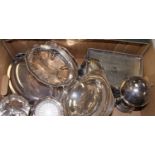 A collection of silver plated items to include tray, bonbon dish, and butter dish