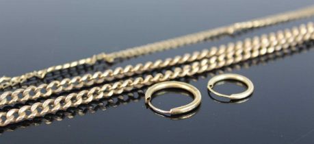 A 9ct gold flat curb link necklace, 51cm, together with one other broken example, and two small