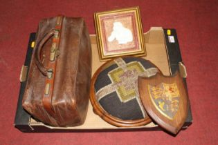 Miscellaneous items to include a leather Gladstone bag, Victorian needlework footstool, and a