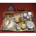Miscellaneous items to include Victorian brass table candlesticks, a Spode Italian mug, and a blue