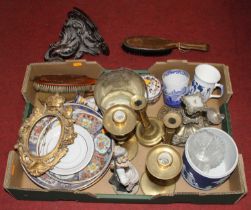 Miscellaneous items to include Victorian brass table candlesticks, a Spode Italian mug, and a blue